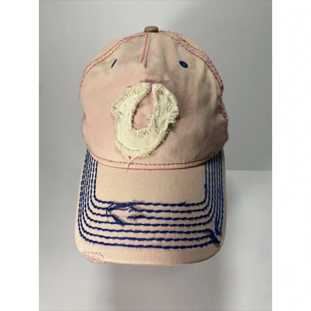 True Religion Pink Distressed Faded Adjustable Hat Cap Horseshoe - Picture 1 of 8